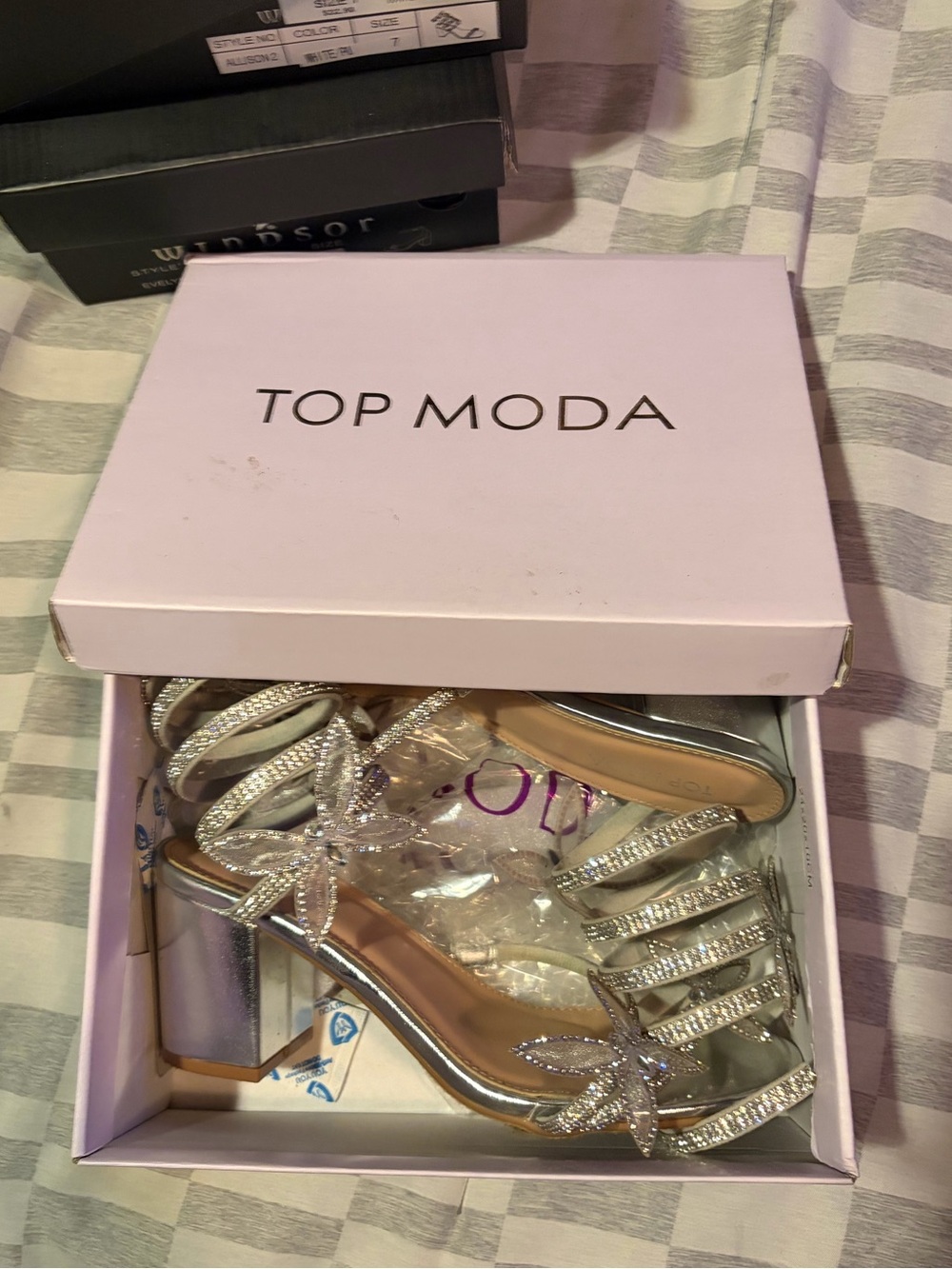 TOP Moda Silver Rhinestone Strappy Block Heels